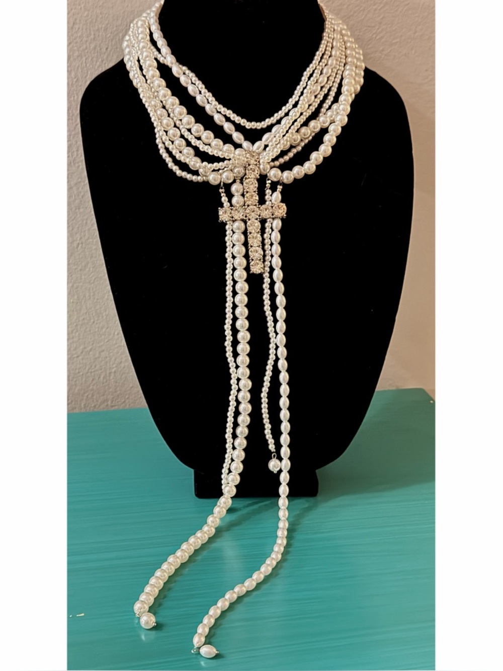 Statement Necklace Multi Faux Pearl Strand w/Large Rhinestone Cross -Adjustable - Picture 4 of 6